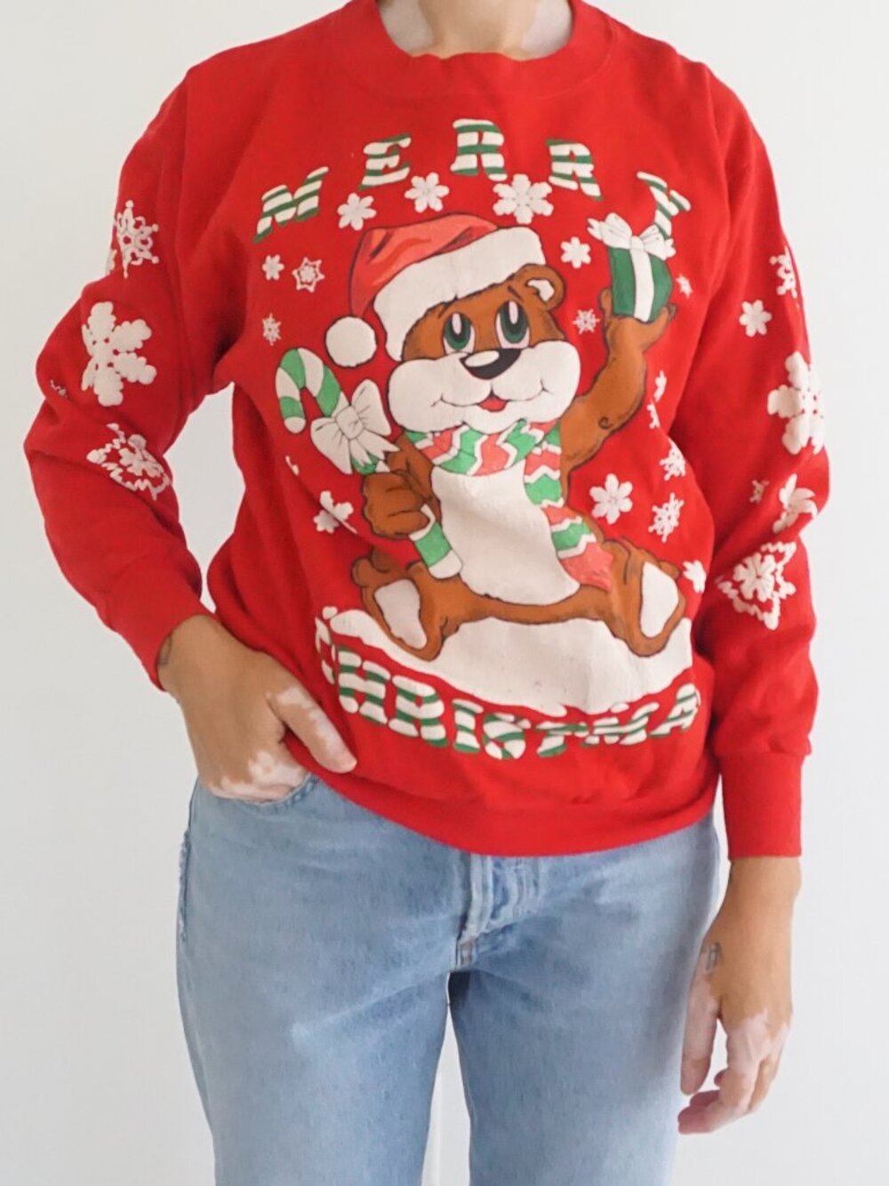 Vintage America's Finest Red Bear Candy Cane Snowflake Ugly Christmas Sweater M